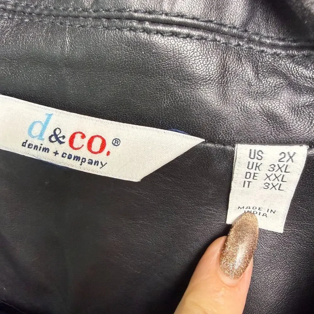 D&Co Womens Leather Seamed Jacket Pockets Zip Black 2X *FLAW*
